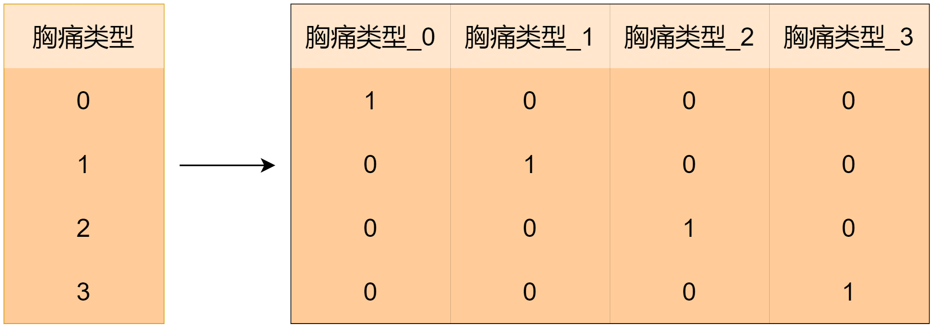 胸痛类型的独热编码（图中为 drop 首列后的 3 列形式）